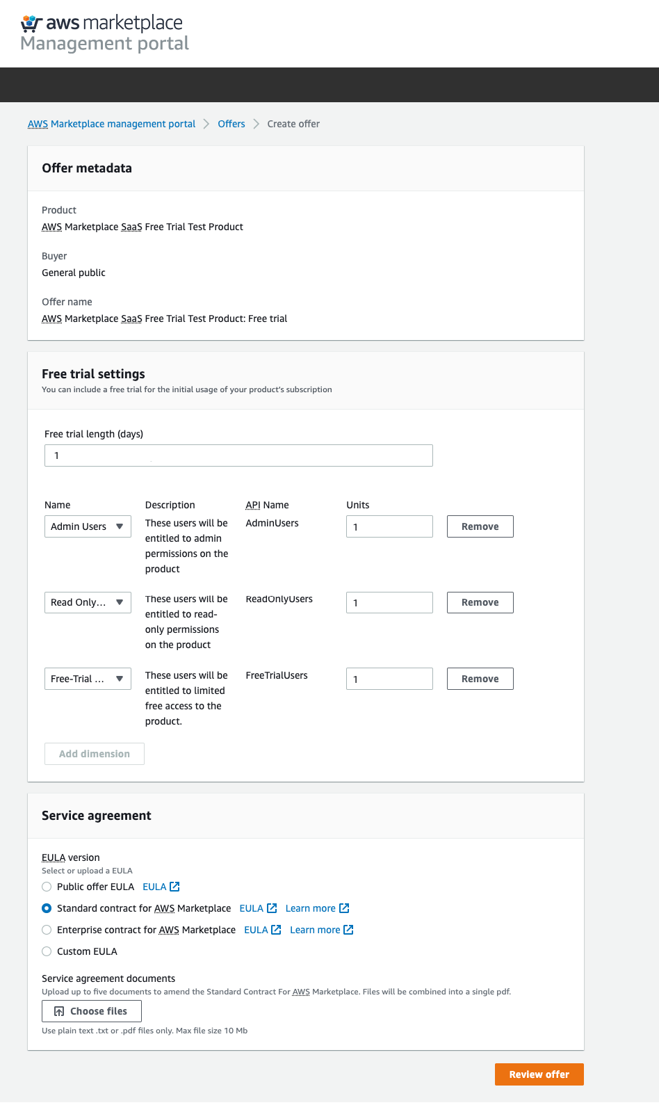 SaaS free trial offer settings and service agreement selection