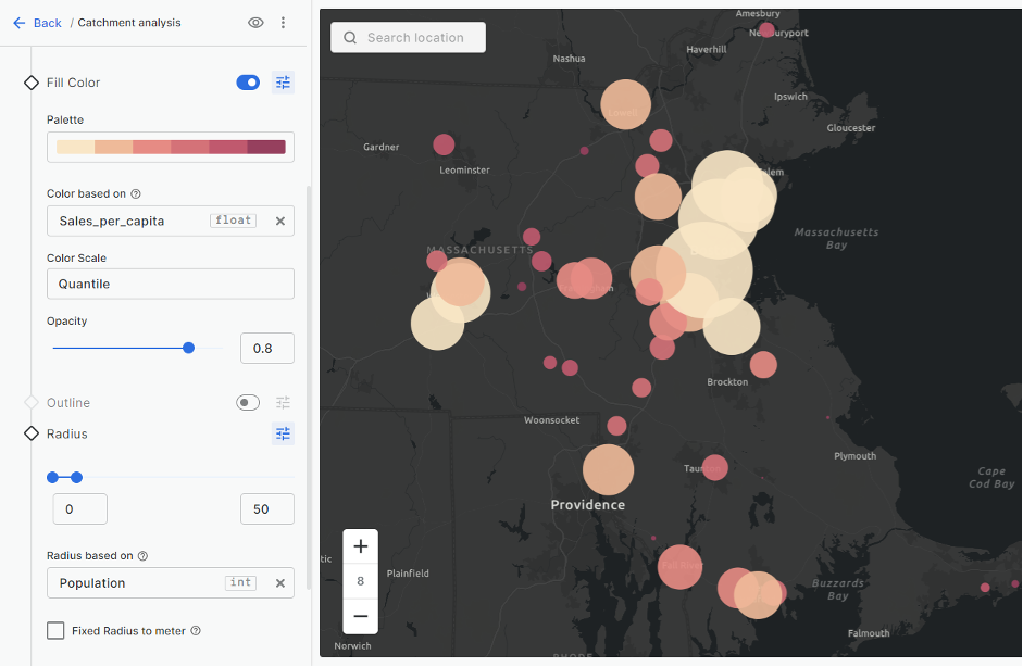 screenshot of CARTO Builder interface with color sales per capita geographical map