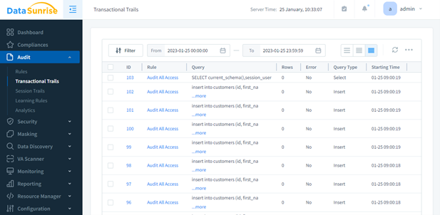 confirm connections logged DataSunrise screenshot