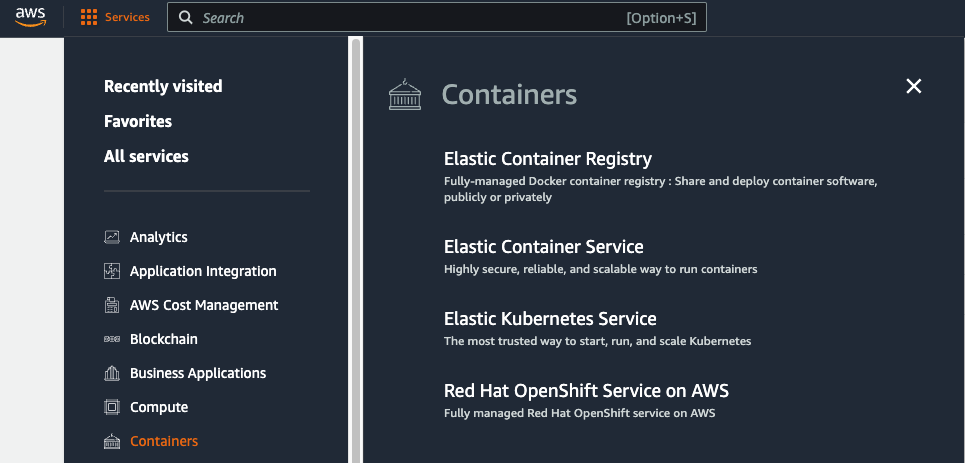 AWS Management Console screenshot with the Services menu open and Containers selected