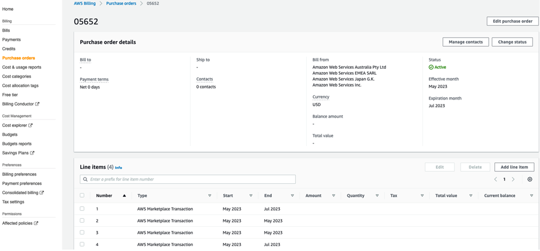 Figure 1 - The corresponding transaction purchase order 05652 entry in the Billing and Cost Management console