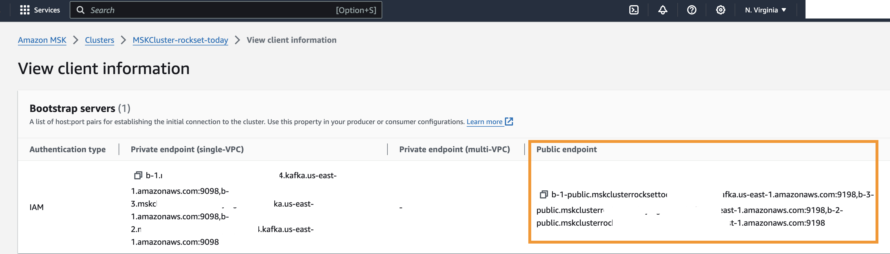 Rockset console explaining how to configure Role ARN and bootstrap servers URL