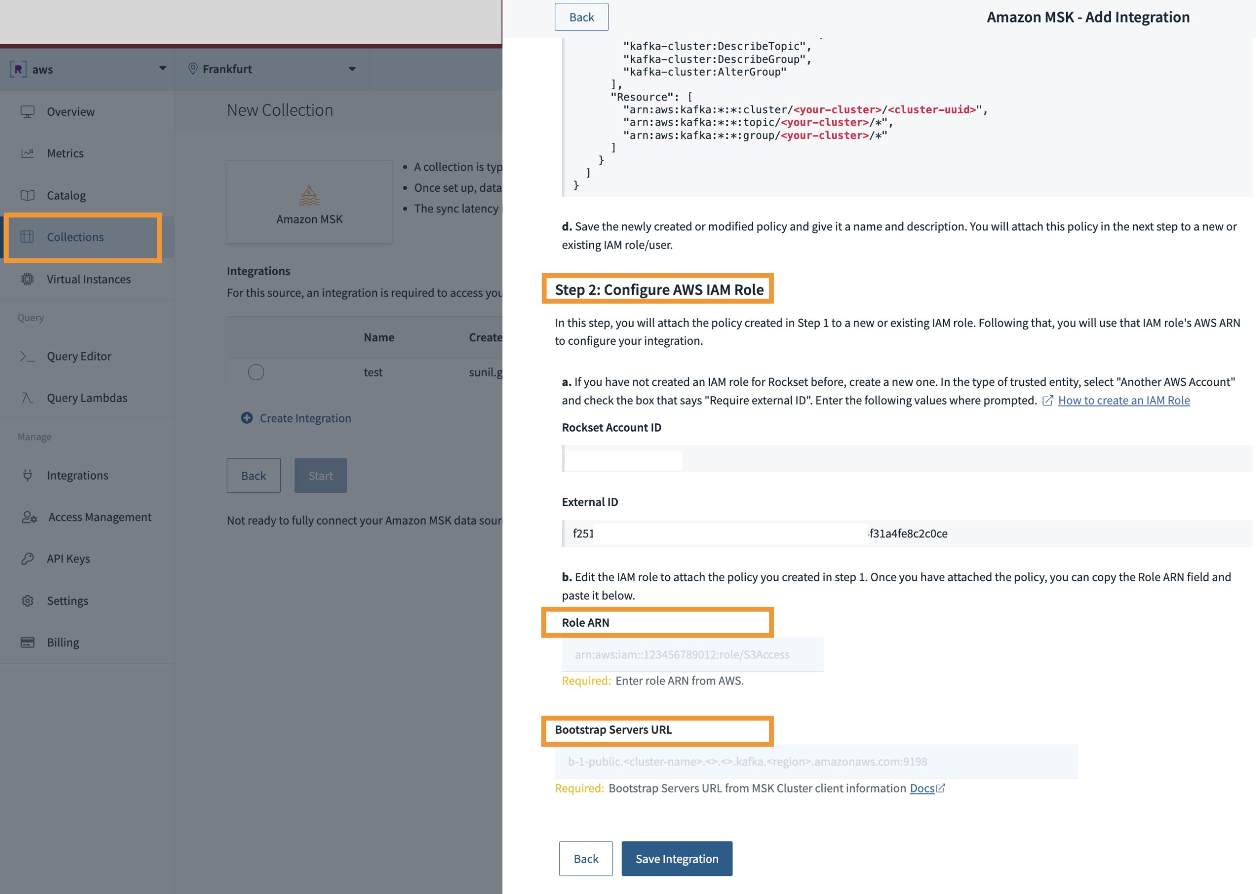 Rockset console explaining how to configure Role ARN and bootstrap servers URL.