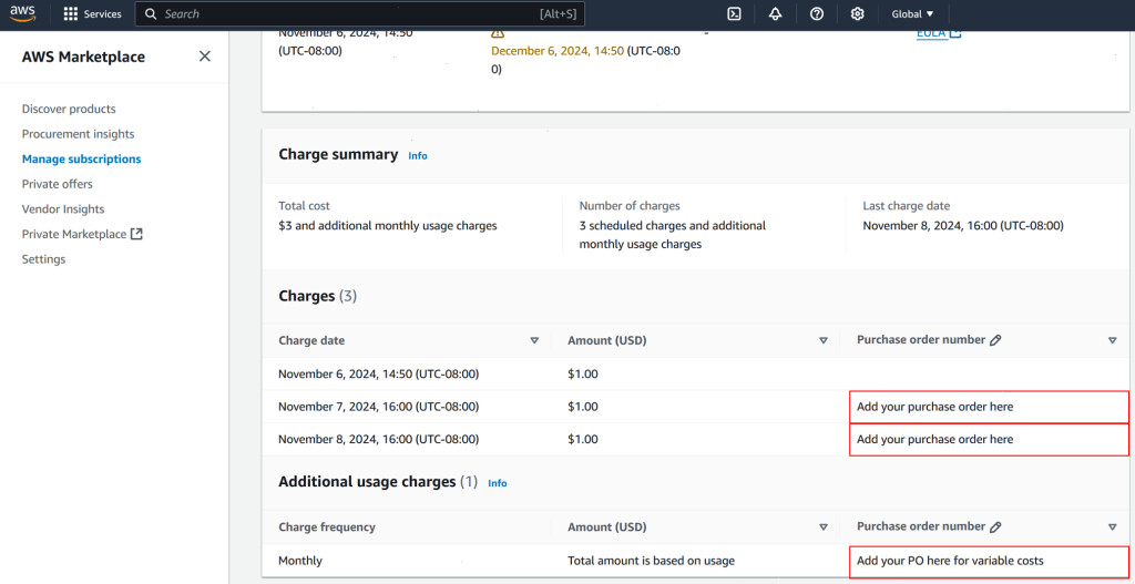 This image shows a new charge summary table, which allows users to enter there purchase order for each charge in the rightmost column.