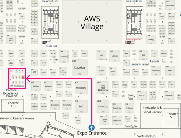 Map of the AWS re:Invent Expo hall showing the AWS Marketplace pavilion in the bottom left corner