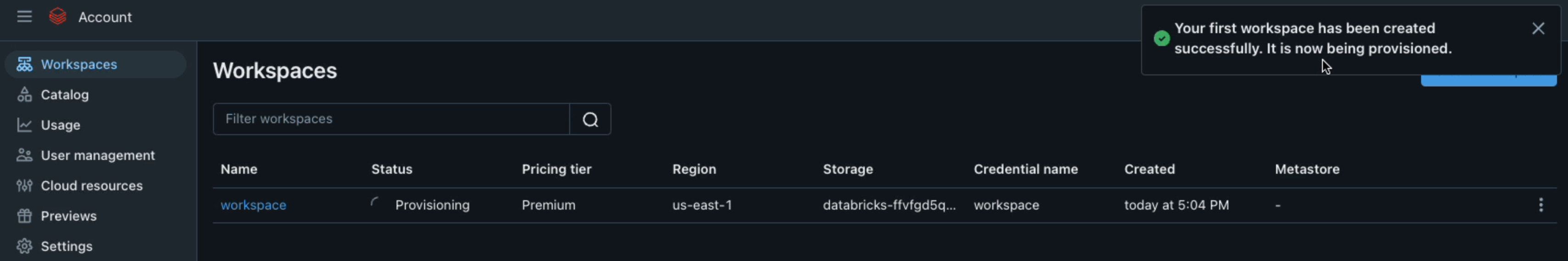 Databricks Workspace is being provisioned 