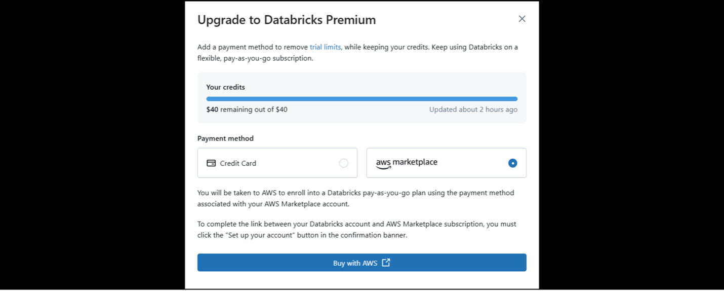Buy with AWS implementation in the Databricks software console experience