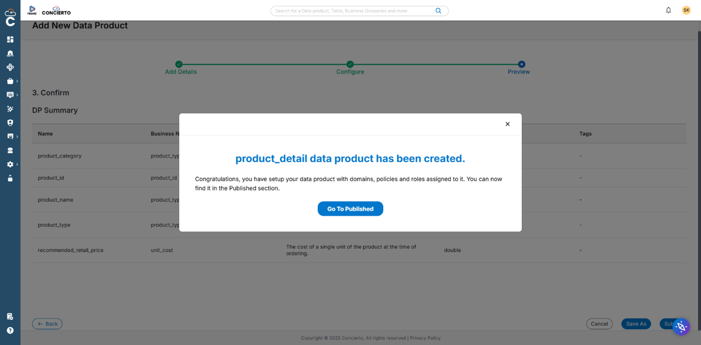 This image depict creating a data product using Concierto Insights
