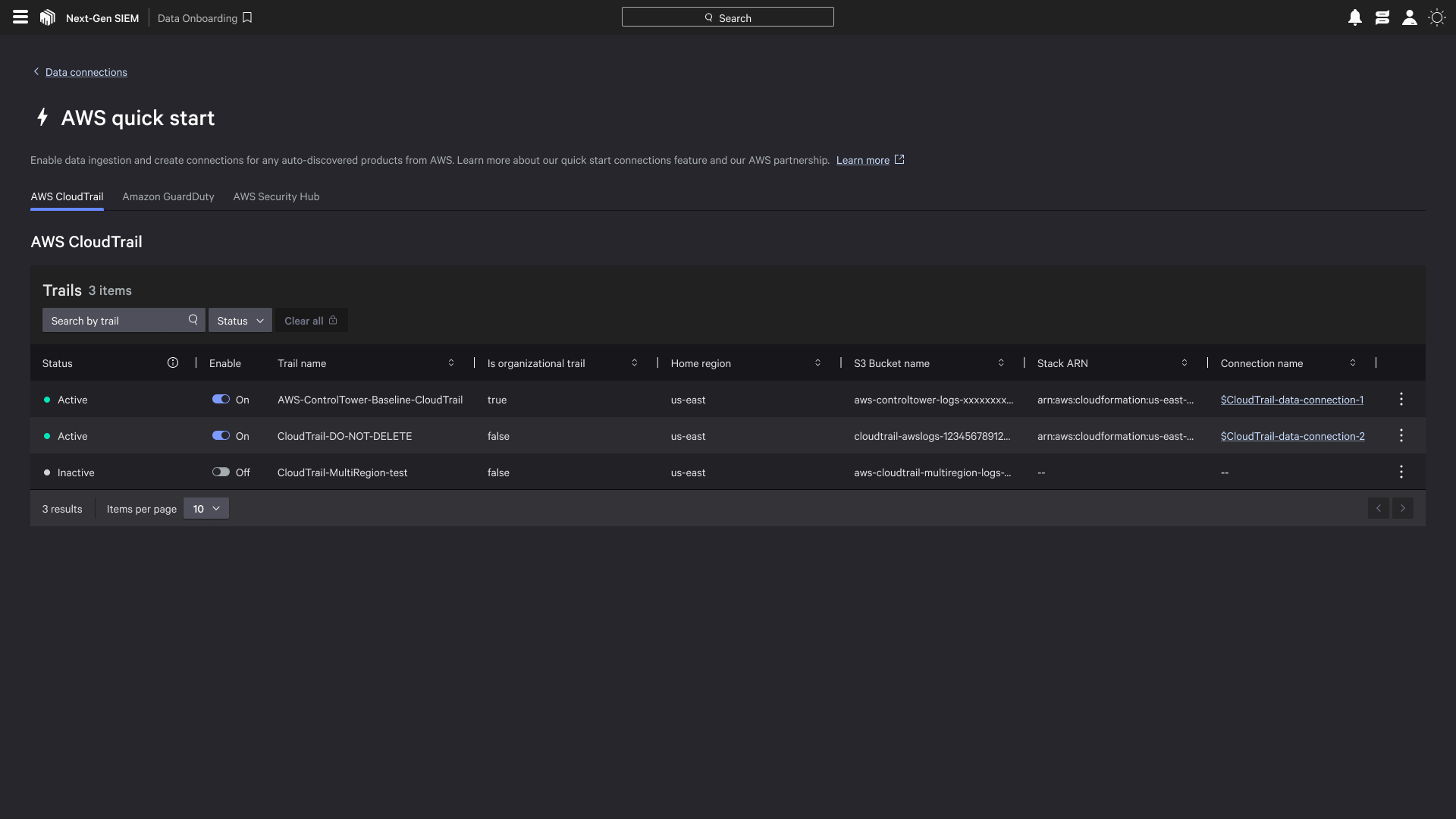 CrowdStrike Falcon Next-Gen SIEM quick start connectors page