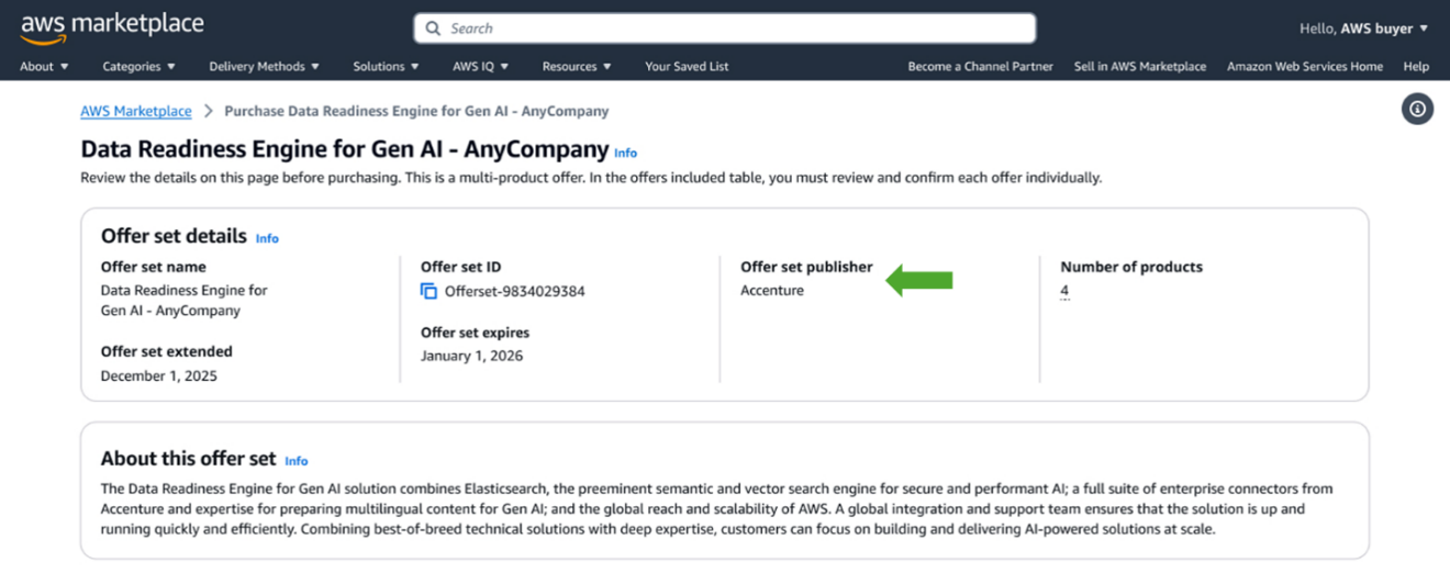 AWS Marketplace multi-product offer details for Data Readiness Engine, including ID, publisher, and expiration dates.