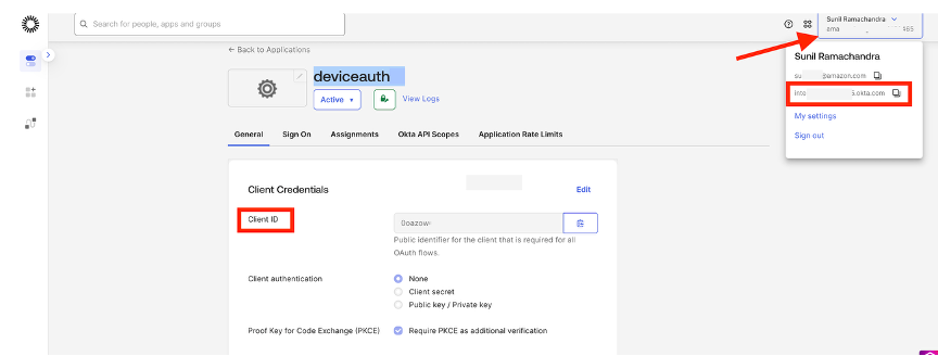 Screenshot of the Okta application console showing the app configuration page. The client ID is highlighted in the center of the screen, and the Okta org URL is visible in the top-right corner of the browser.