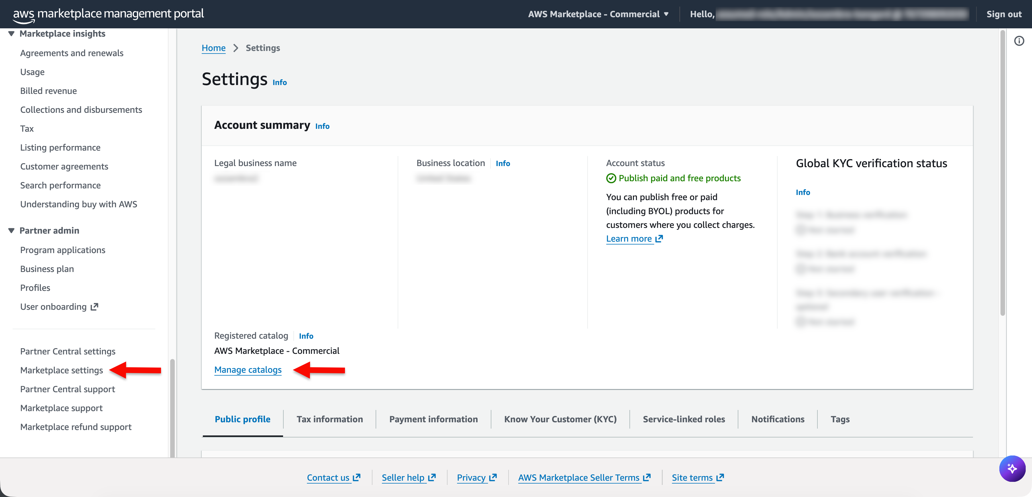 Figure 1: AWS Marketplace settings page