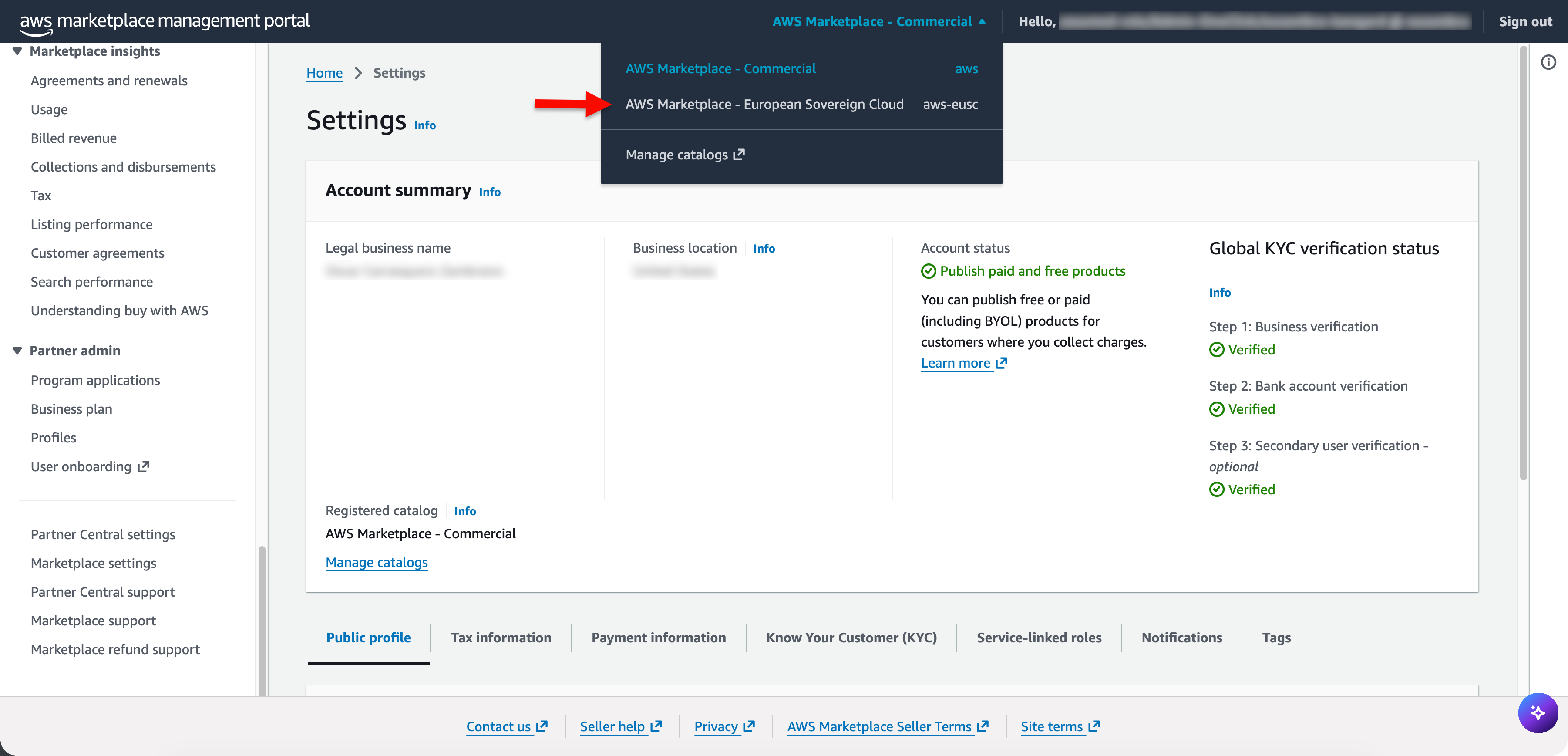 Figure 4: Dropdown showing AWS Marketplace – European Sovereign Cloud
