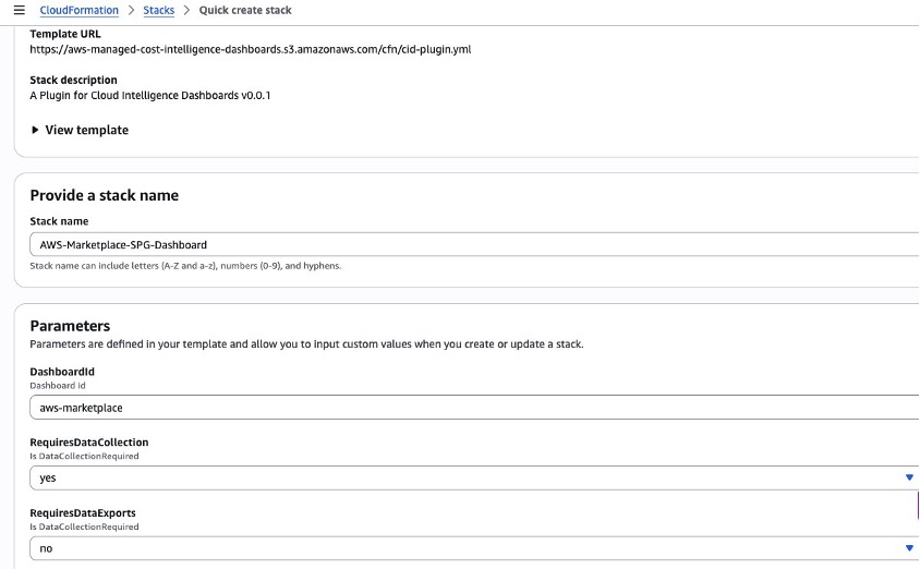 Screenshot of the stack template, with fields for stack name, dashboard ID, requires data collection, and requires data exports already filled in.
