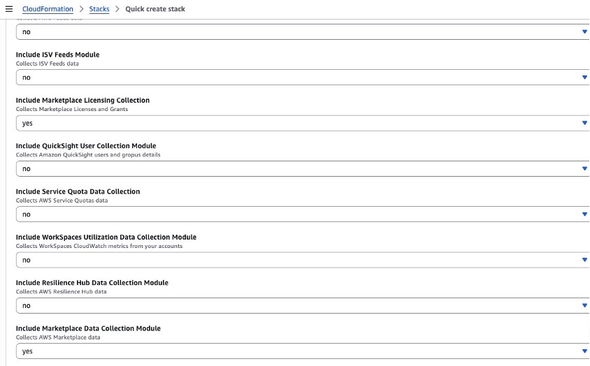 Screenshot of the quick create stack screen on the CloudFormation console. Details are described in the text. 