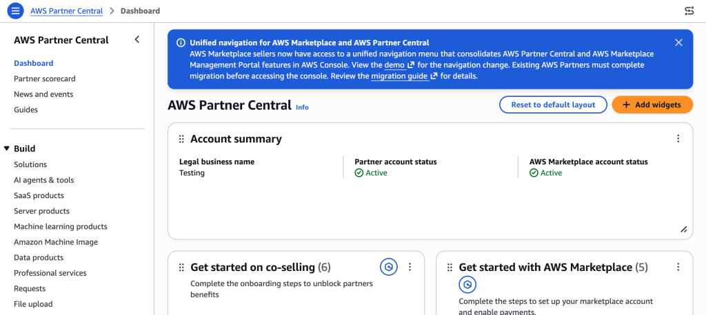 Screenshot of the AWS Partner Central dashboard account summary, showing that statuses are active.