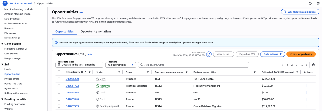 Screenshot of the opportunities screen listing details for the user’s opportunities