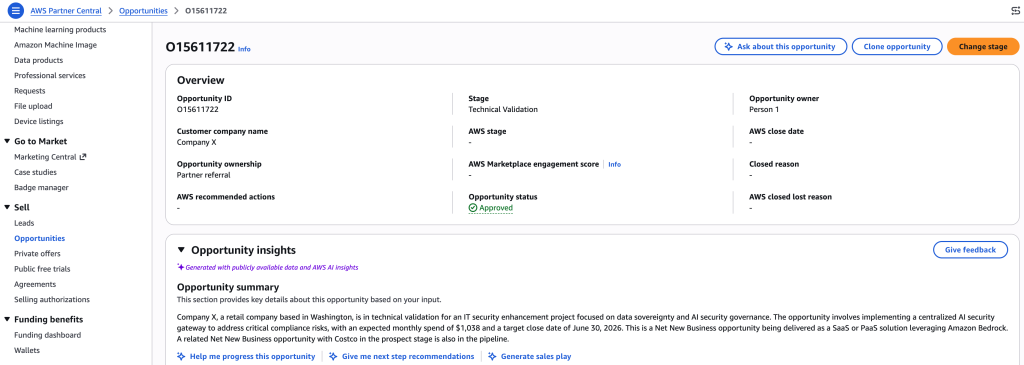 User going to a specific opportunity, reviewing the opportunity insights and can ask the partner central agent to help progress the opportunity, give next step recommendation or generate sales play.