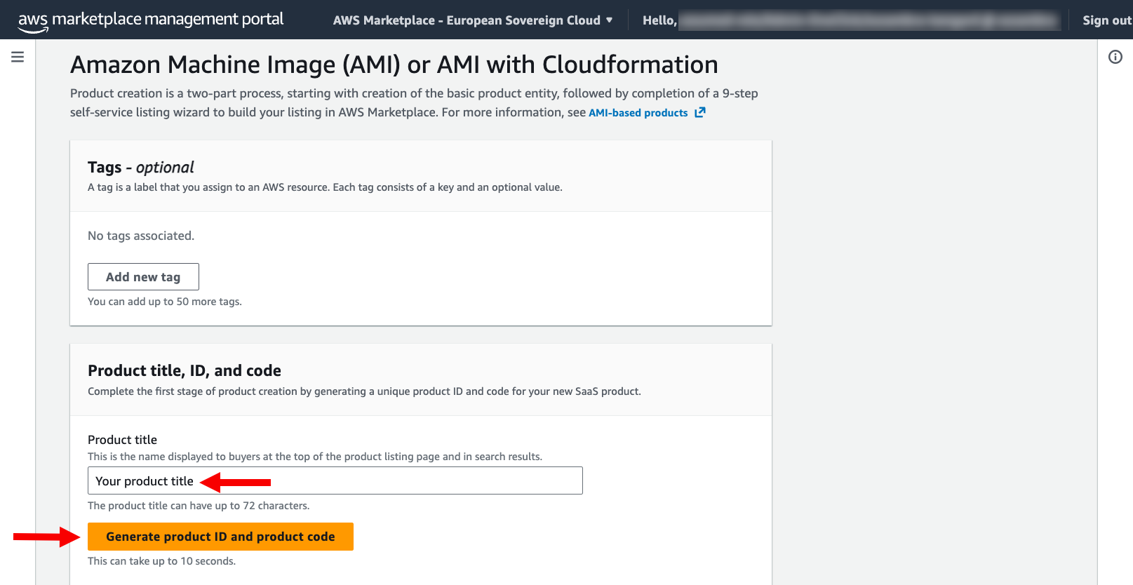 Enter product title and choose the button to continue