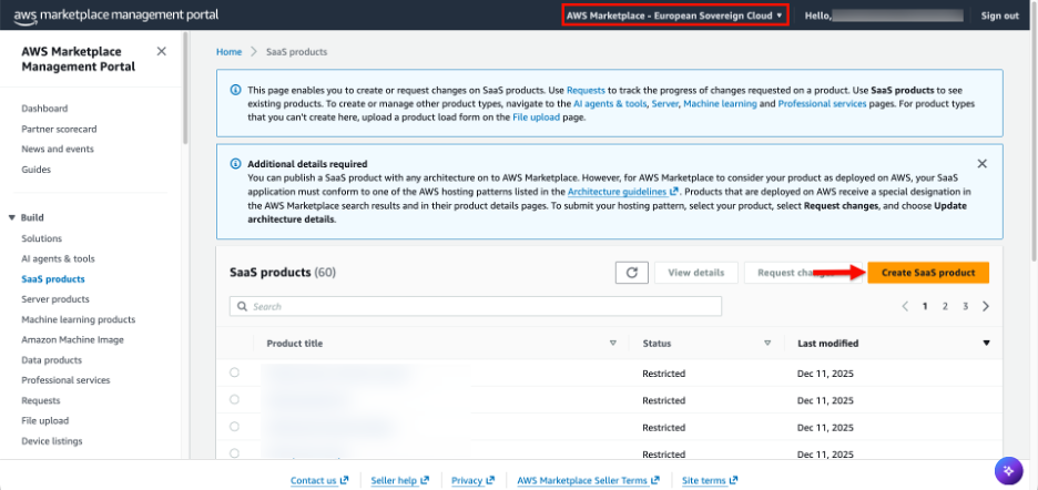 Image contains a screenshot of the AWS Marketplace Management Portal in the ESC. The user has selected 'SaaS products' in the left navigation under Build and is selecting the orange 'Create SaaS product' button to start creating a new SaaS product listing
