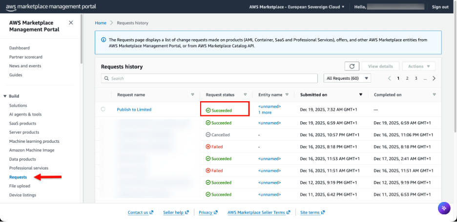 Image contains a screenshot of the AWS Marketplace Management Portal in the ESC showing how to monitor marketplace listings in the Requests history page. The user has navigated to 'Requests' in the left navigation under Build section.