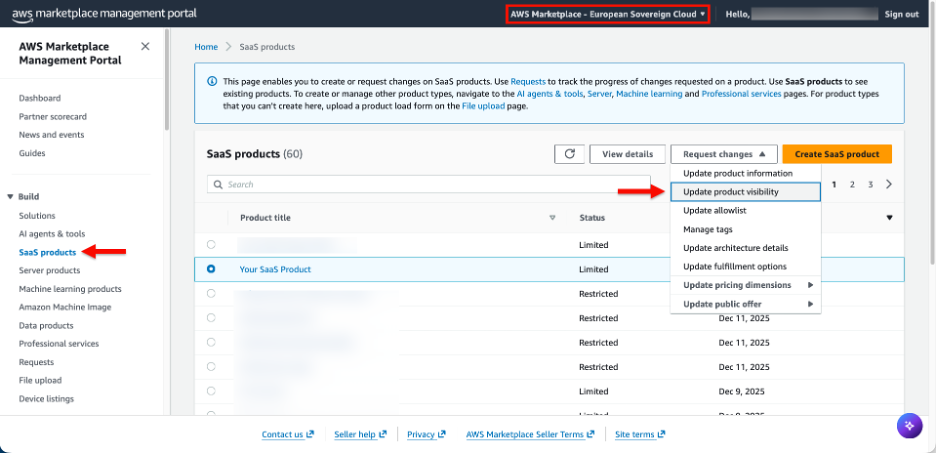 Image contains a screenshot showing where sellers request their Marketplace product to be published in the Marketplace in the European Sovereign Cloud partition. The user has selected 'SaaS products' in the left navigation and opened the 'Request changes' dropdown, selecting 'Update product visibility' for the MCO team to review and make the product public.
