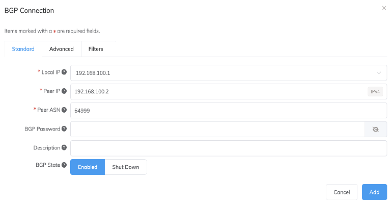 Megaport portal BGP connection configuration form showing fields for local IP, peer IP, peer ASN, BGP password, description, and BGP state toggle