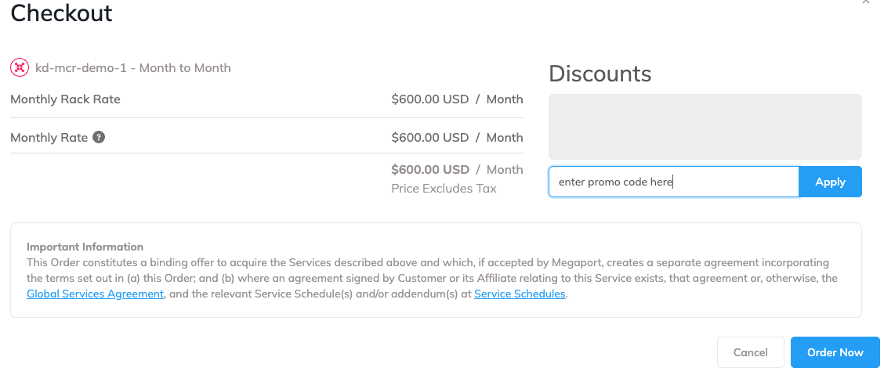 Screenshot of the checkout screen listing rates and a field to enter discount promo codes. There are buttons to apply the codes and to cancel or order now