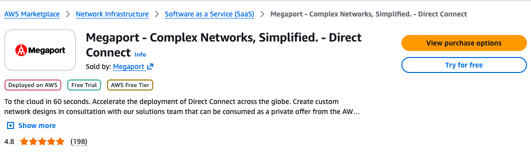 Screenshot of the AWS Marketplace listing for Megaport - Complex Networks, Simplified - Direct Connect, with a button to view purchase options and a button to try for free