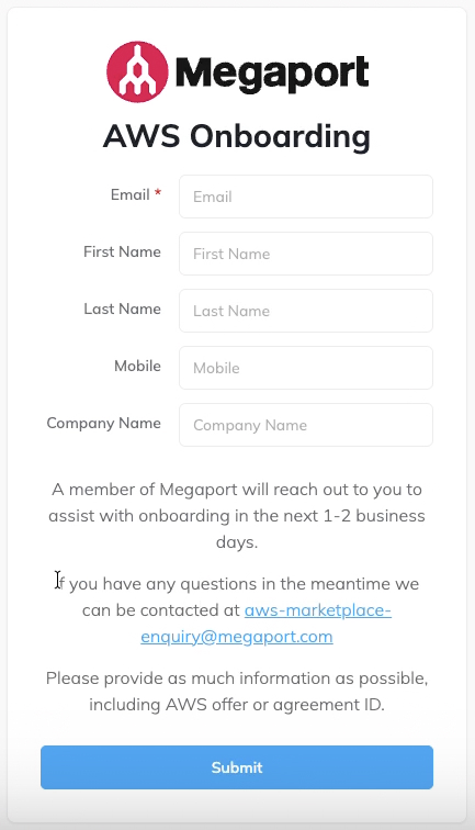 Screenshot of the Megaport AWS Onboarding screen