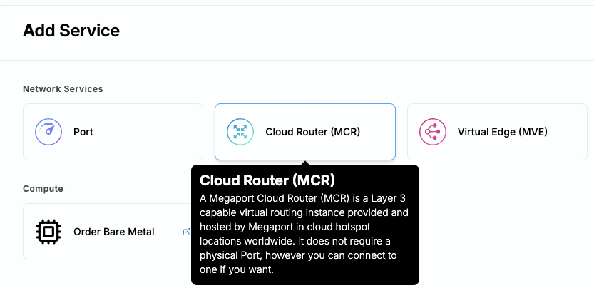 Screenshot of Megaport portal showing the Create MCR button
