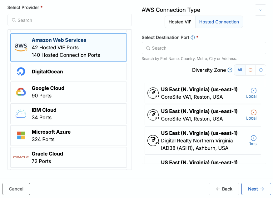 Megaport portal interface for selecting a cloud provider and configuring hosted connection destination ports across multiple regions