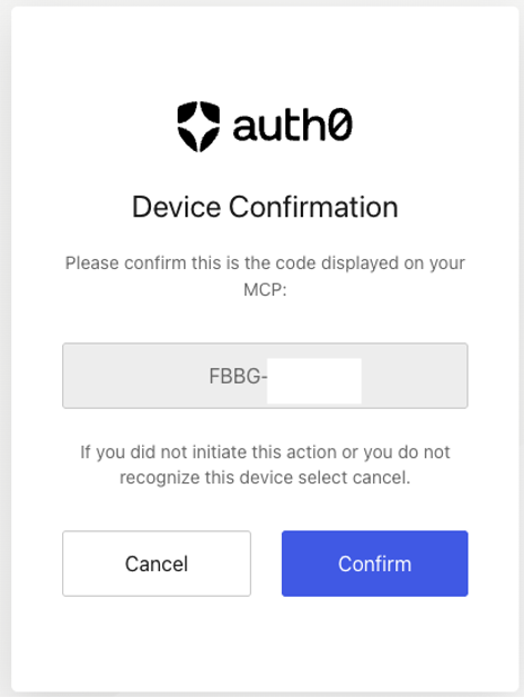 Screenshot of the Auth0 Device Confirmation screen in the browser, displaying the Auth0 logo, prompting the user to confirm the one-time code FBBG-PCJG shown by the MCP server, with Cancel and Confirm buttons visible at the bottom.