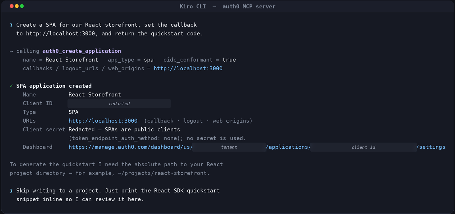 KIRO Terminal showing SPA application and returns the client configuration