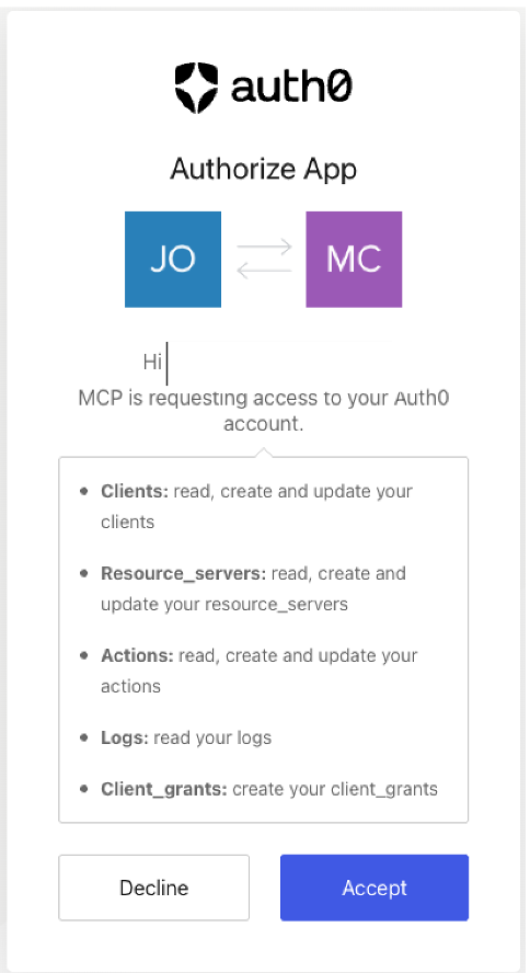 Screenshot of the Auth0 Authorize App consent screen in the browser, listing the permissions the MCP server is requesting (read, create, and update access for clients, resource servers, and actions; read access to logs; and create access for client grants) with Decline and Accept buttons at the bottom.