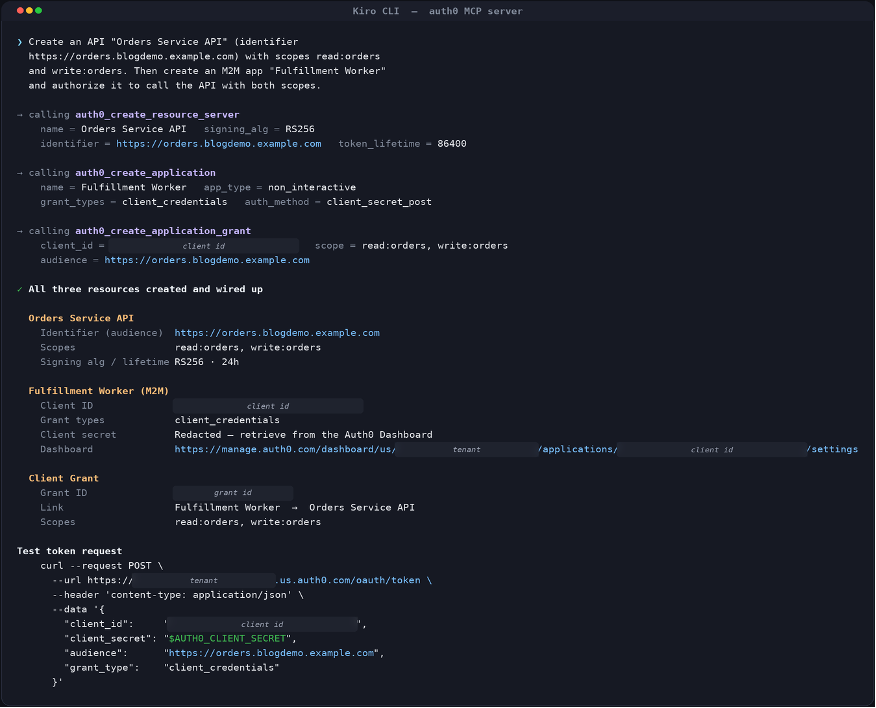Kiro defines an API with scopes and creates an M2M grant