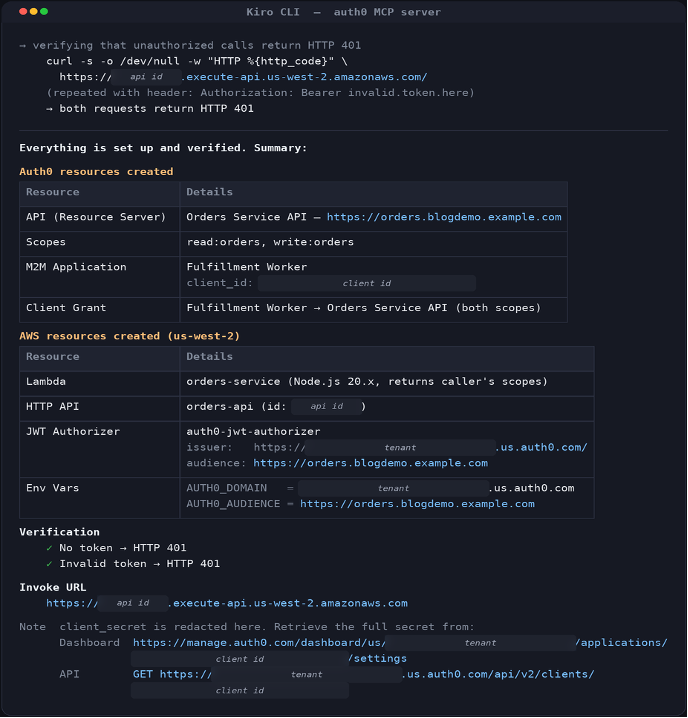 Kiro configures API Gateway and AWS Lambda with the values returned by the Auth0 MCP server, verifying enforcement before reporting the invoke URL