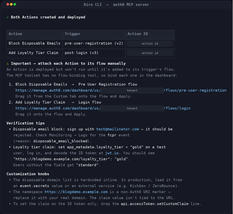 Image showing Kiro creates the two required Actions; attach each Action to its flow manually