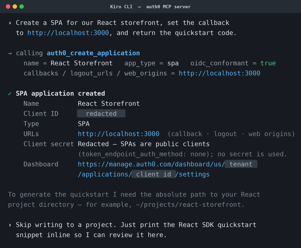 Kiro prompts to create a SPA application and returns the client configuration