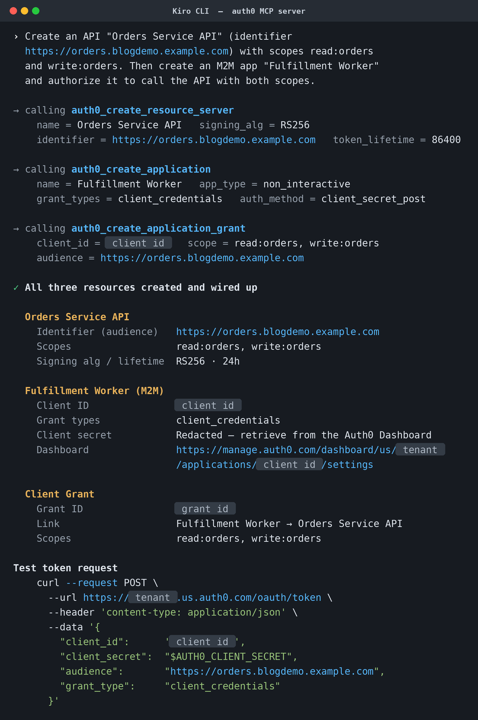 : Kiro defines an API with scopes and creates an M2M grant