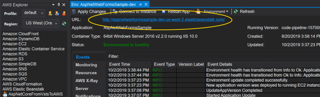 The AWS Toolkit for Visual Studio's Elastic Beanstalk deployment pane, with the environment URL circled. 