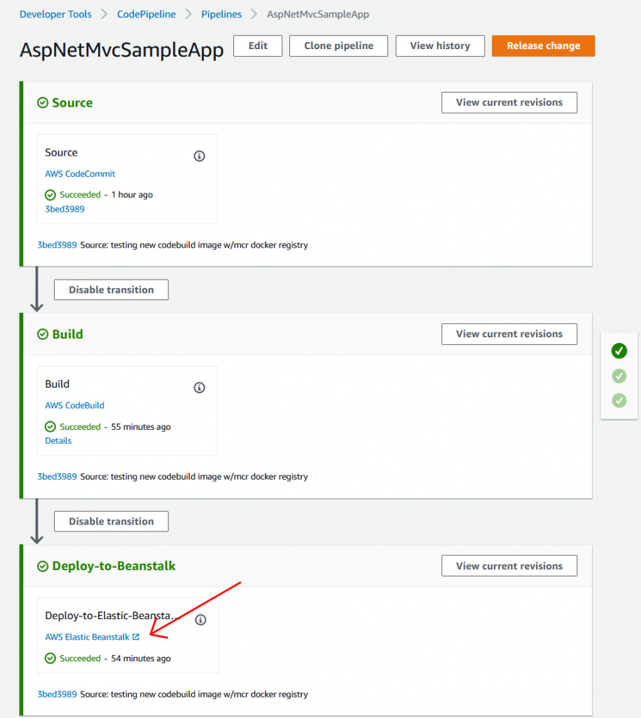 Screenshot of a sample CodePipeline pipeline with all stages showing a successful build and deploy.