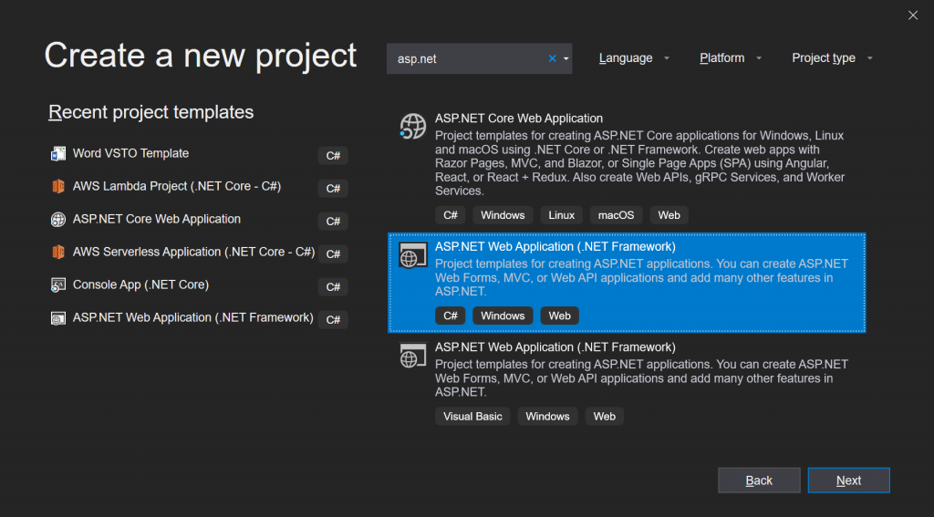 Visual Studio 2019's Create New Project dialog window showing "ASP.NET Web Application (.NET Framework)" project type selected.