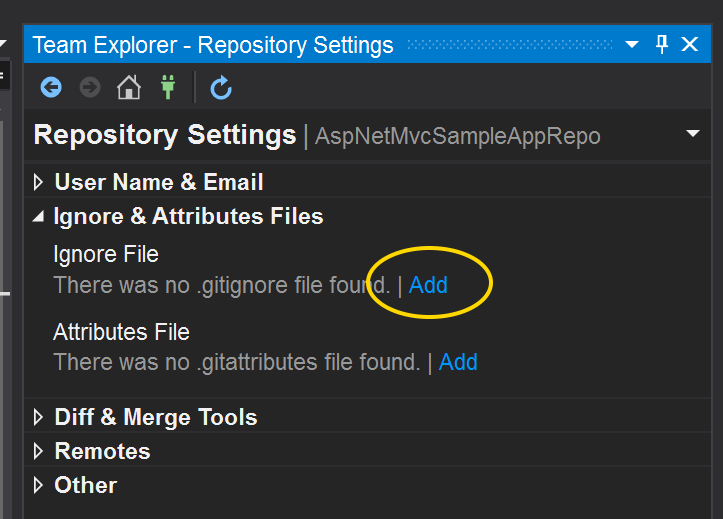 Visual Studio's Team Explorer - Repository Settings pane, showing the Add link for Ignore and Attribute Files.