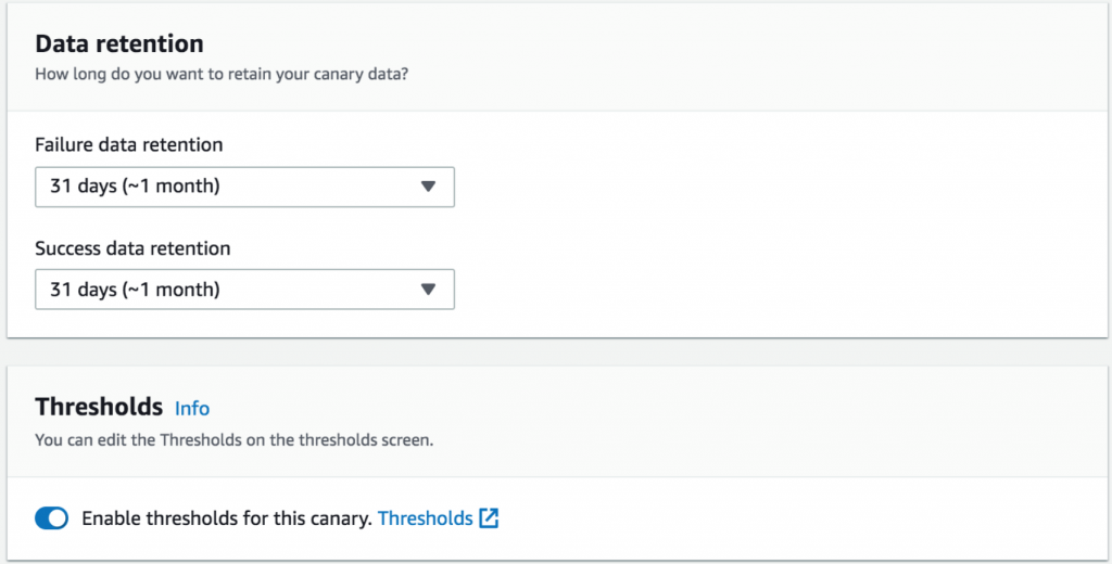 Enable thresholds in CloudWatch Synthetics