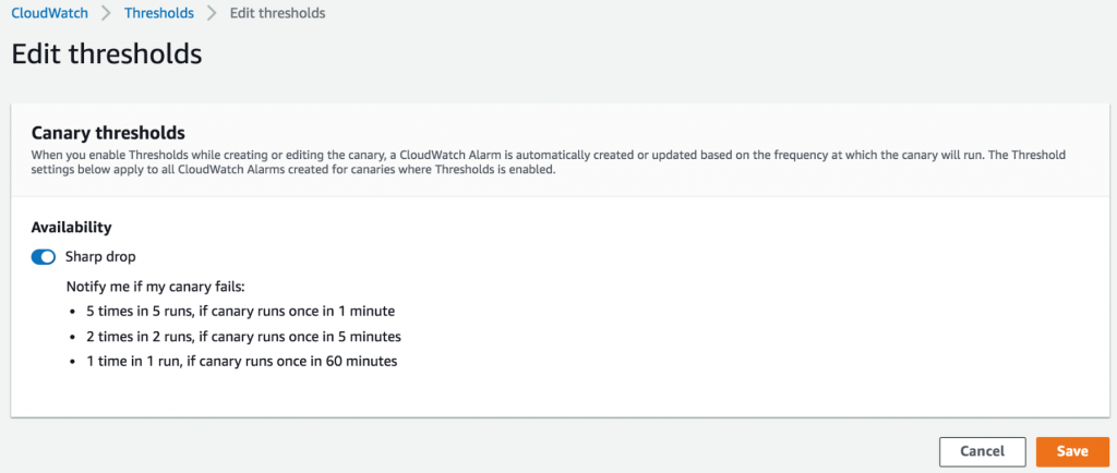 Canary thresholds in Amazon CloudWatch