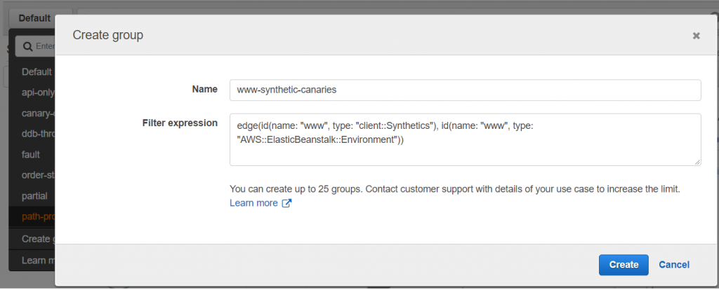 Create X-Ray Groups for Synthetics canaries