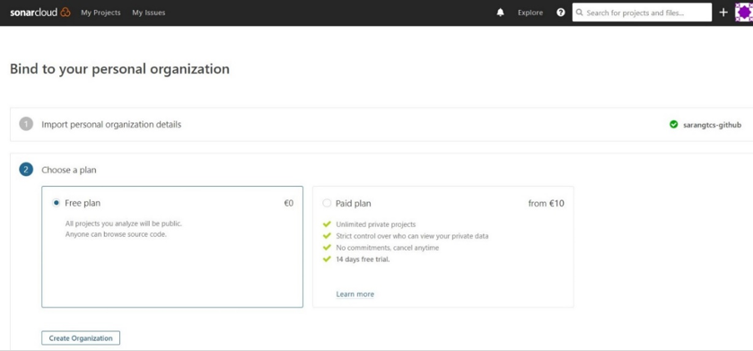 choose plan for sonarcloud