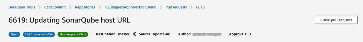 Screenshot showing that your pull request has 0 of 1 rule satisfied, with 0 approvals.