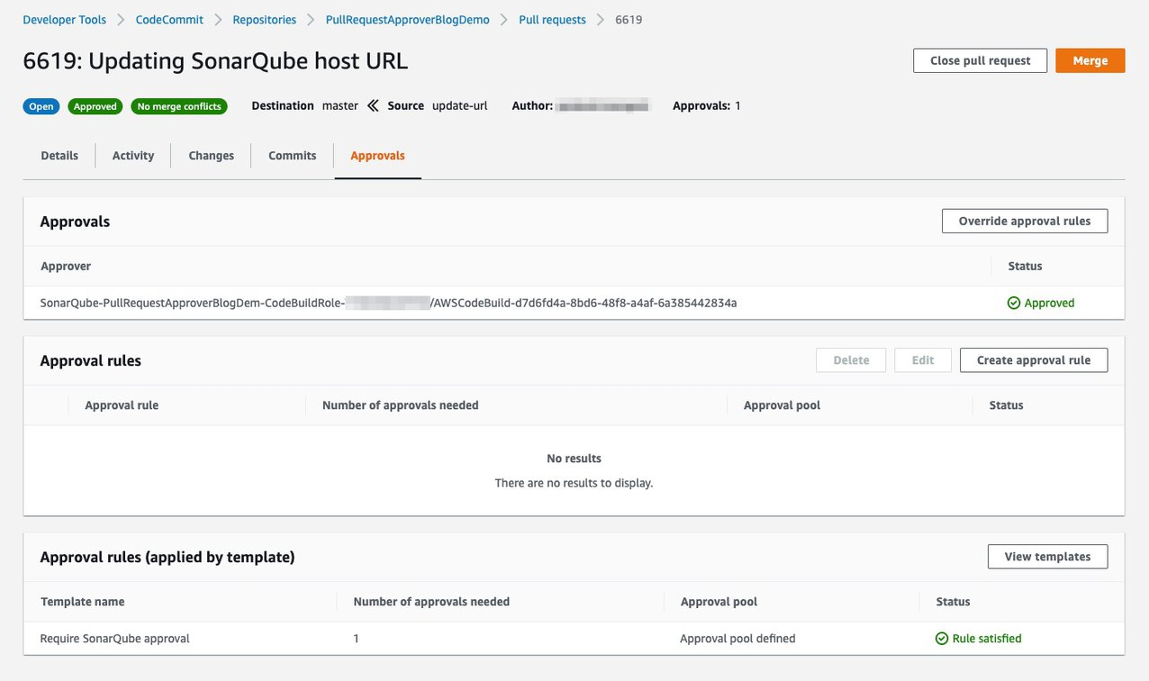 Screenshot of Approvals tab on the pull request. The approvals table shows an approval by the SonarQube and that the rule to require SonarQube approval is satisfied.